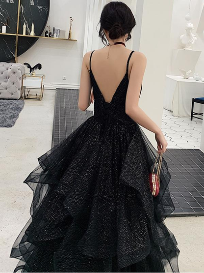 Shiny Black V Neck Prom Dresses, Backless Black V Neck Formal Evening Dress Y1767
