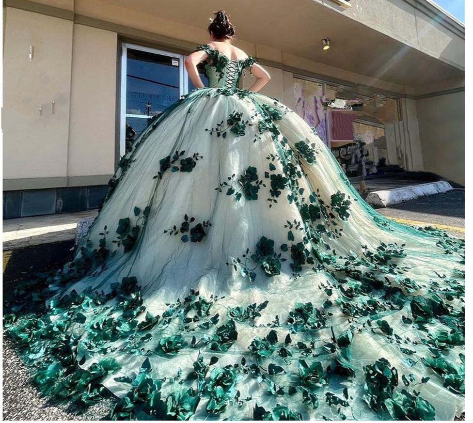 Green Ball Gown Quinceanera Dresses Off Shoulder 3d Flowers Beads Appl Simplepromdress Green Ball Gown Quinceanera Dresses Off Shoulder 3d Flowers Beads Appl Simplepromdress
