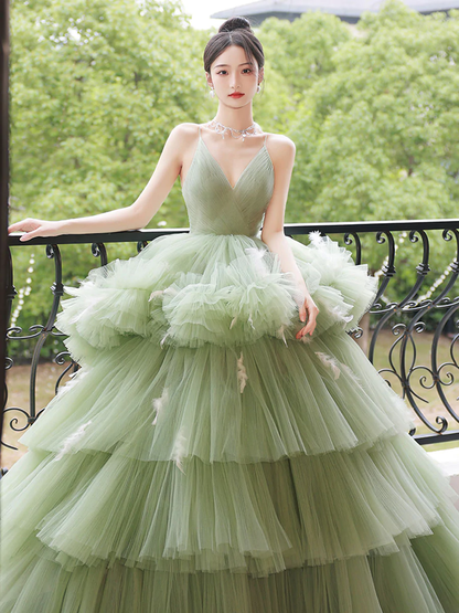 Green v neck tulle long prom dress, green tulle sweet 16 dress Y838