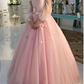 Long Sleeve Prom Dresses, Pearl Pink Ball Gown Long Floral Fairy Prom Dress S24387