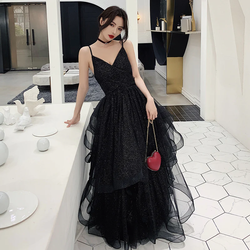 Black tulle sequins prom dress evening dress Y1021