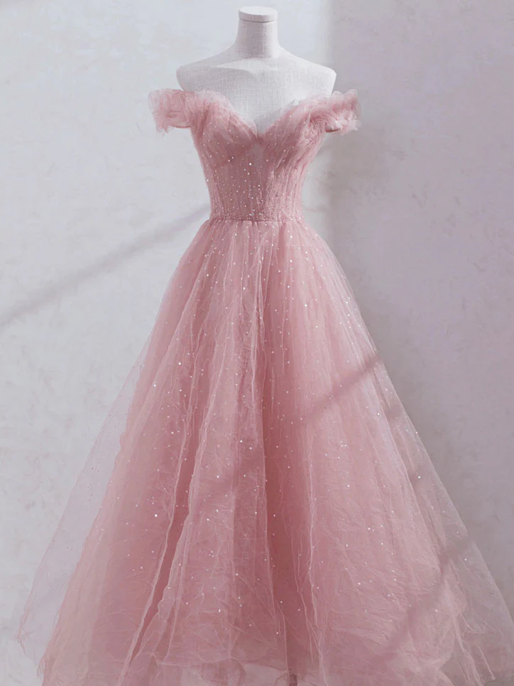 Pink Off Shoulder Tulle Tea Length Prom Dress, Tulle Formal Dress Y1281