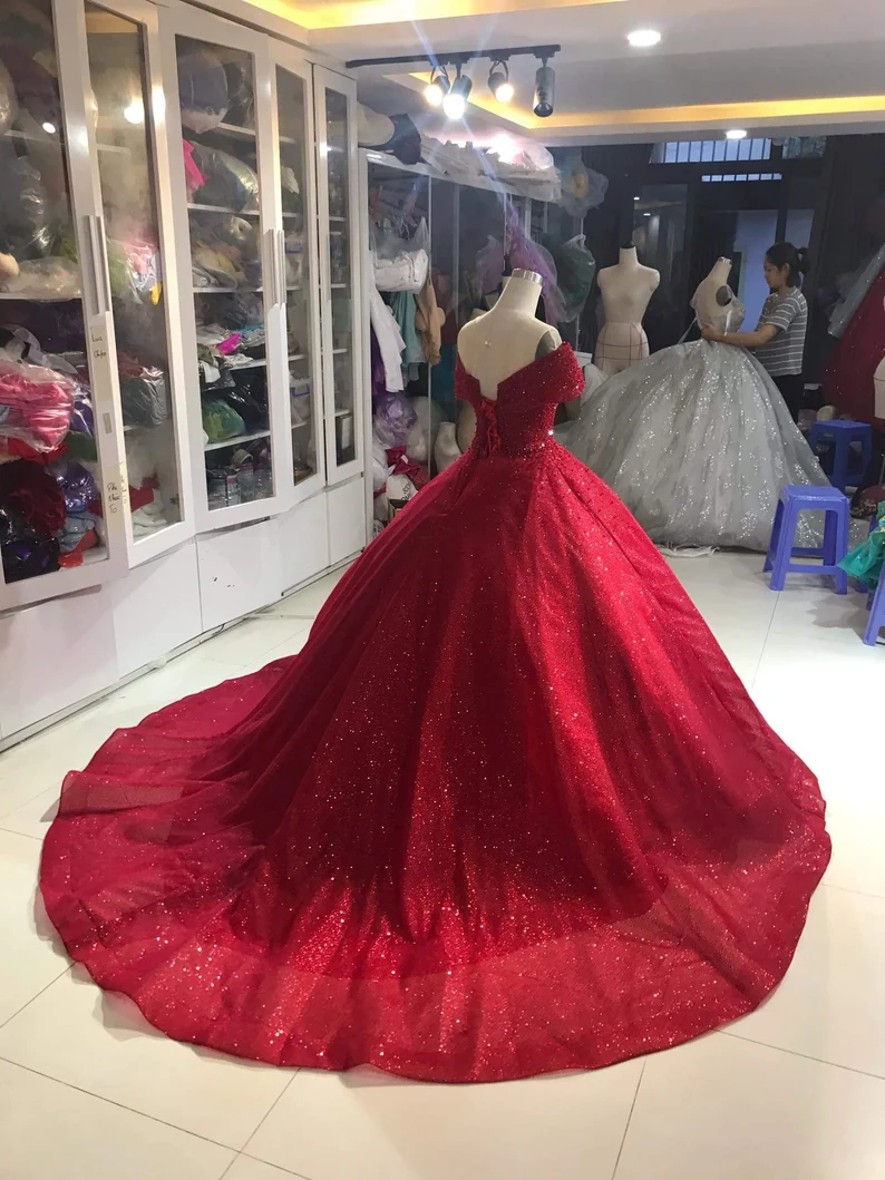 Luxurious Off Shoulder Red Glitter Beading Ball Gown Sweet 16 Dress Y1275