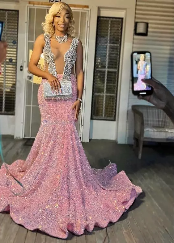 Pink glitter cheap prom dress
