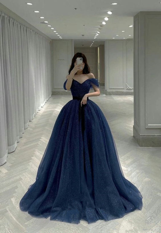 Off The Shoulder Blue Sparkly Evening Dress Generous A-line Prom Dress Y389