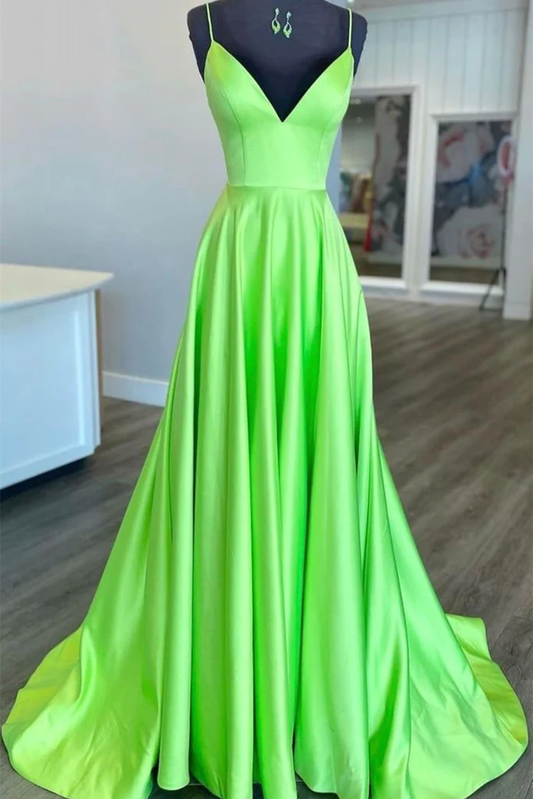 Simple A Line V Neck Green Satin Long Prom Dress, V Neck Green Formal Graduation Evening Dress Y215