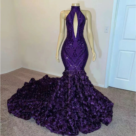 Purple Sequin Prom Dresses Mermaid Luxury for Black Girl High Neck with Flowers Women Evening Gowns for Wedding Gala Dress Y1846