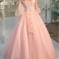 Long Sleeve Prom Dresses, Pearl Pink Ball Gown Long Floral Fairy Prom Dress S24387