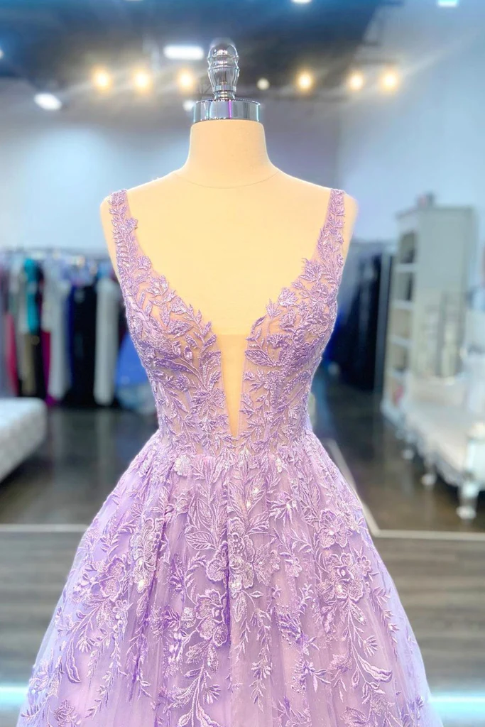 V Neck Purple Lace Long Prom Dress, Lilac Lace Formal Dress, Purple Evening Dress Y200