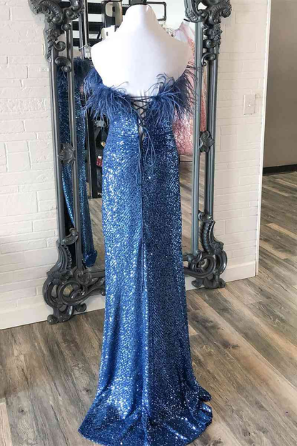 Sequins Blue Strapless Feather Long Prom Dress with Slit Y1863