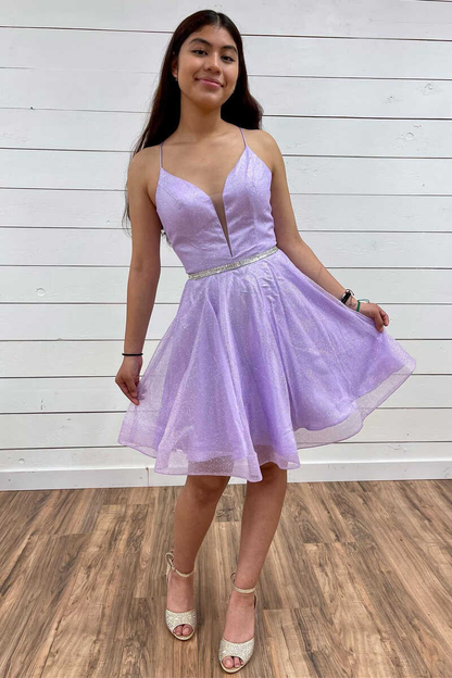 A-Line Lavender Plunge V Short Homecoming Dress Y931