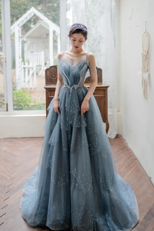 Blue Tulle Beaded Long A-Line Prom Dress, Blue Formal Evening Gown Y1579