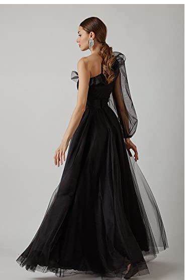 Burgundy tulle prom dress one shoulder evening dress S17925