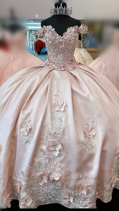 Off The Shoulder Pink Ball Gown With 3D Flowers Quinceanera Dress Pink Sweet 16 Dress  Y714