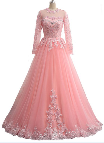 Lavender Tulle Long Sleeve Beaded Formal Prom Dress With Lace Applique Y890