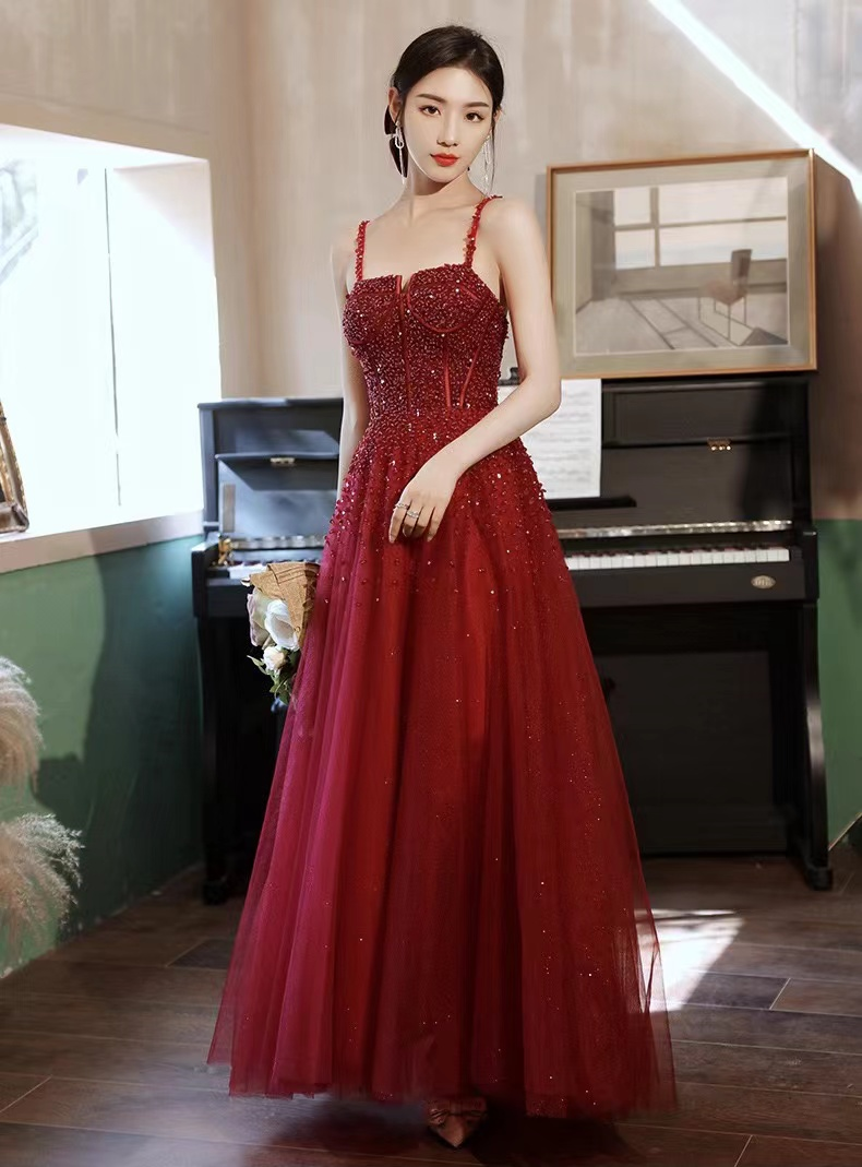 New elegant red classy sleeveless spaghetti strap party dress, heavy bead evening dress Y816