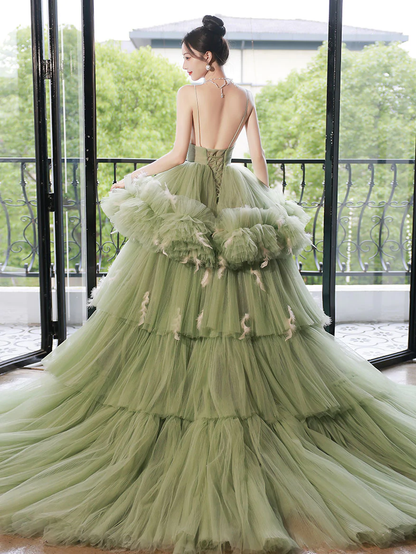 Green v neck tulle long prom dress, green tulle sweet 16 dress Y838