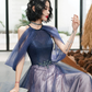 A-Line Halter Tulle Floor Length Prom Dress, Blue Long Party Dresses Y1854