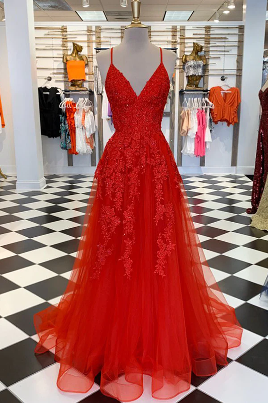 Elegant V Neck A-Line Red Appliqued Long Prom Dress Y761