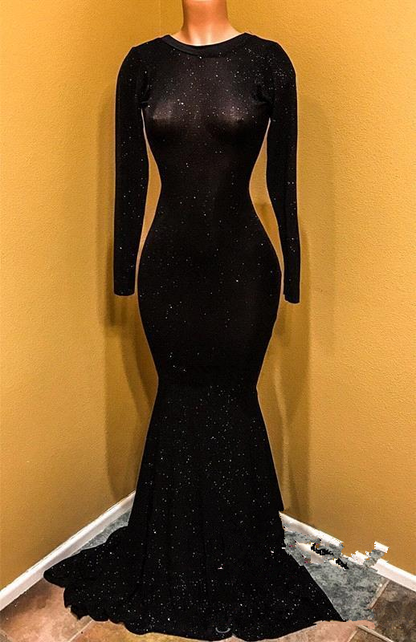 Long black sequin prom dresses long sparkly mermaid open back evening dresses with train Y841