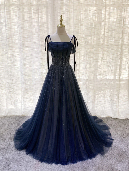 Dark Blue Tulle Sequin Long Prom Dress, Dark Blue Tulle Formal Dress Y523