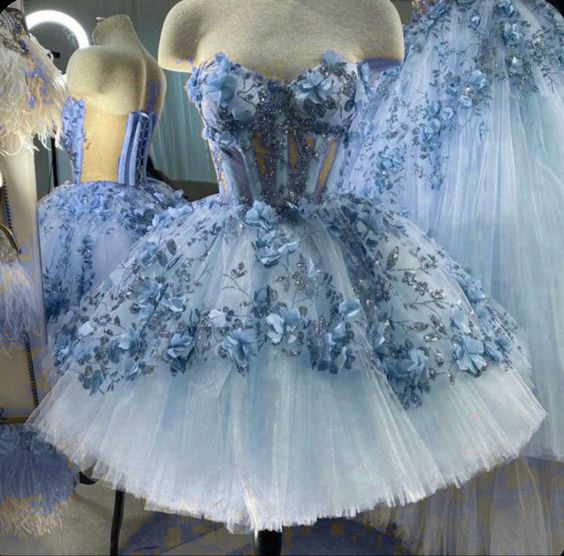 Blue Tulle Short Homecoming Dress With 3D Flowers Y38