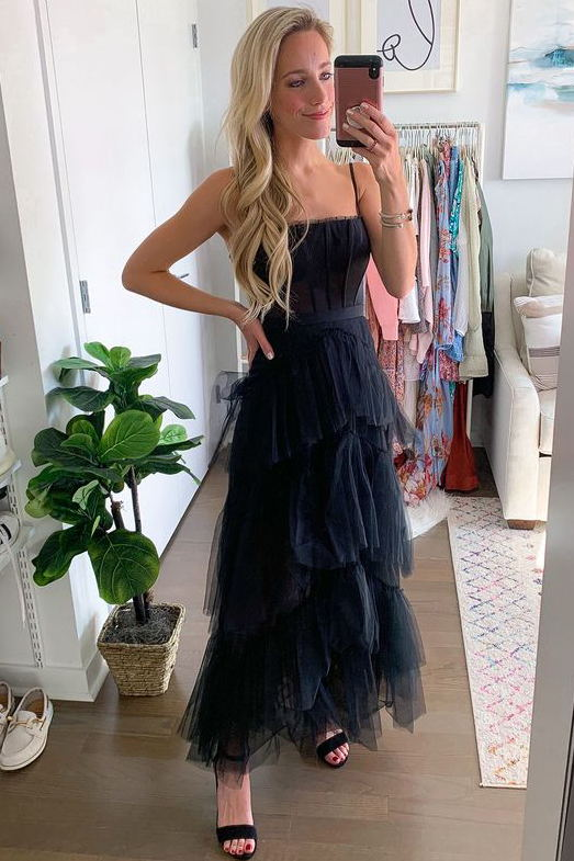 Elegant A-line Layered Tulle Black Prom Dress,Sheer Corset Long Evening Dress,Graduation Dress Y653