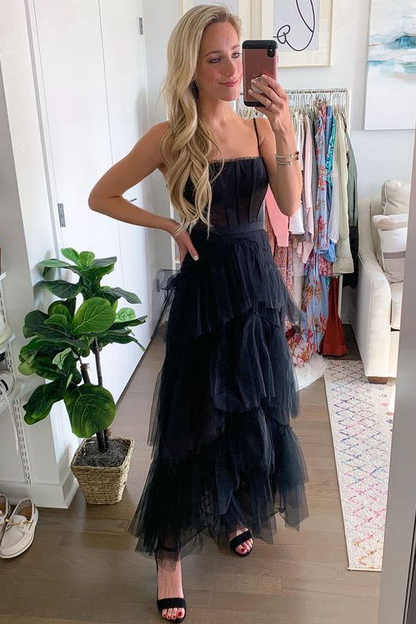 Elegant A-line Layered Tulle Black Prom Dress,Sheer Corset Long Evening Dress,Graduation Dress Y653