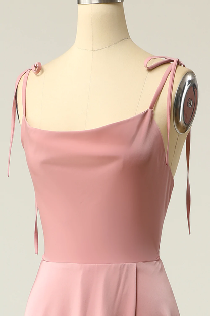 Blush Pink Cowl Neck Satin Long Prom Dress A-line Junior Prom Dress Y690