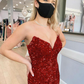 Burgundy Mermaid Strapless Sequins Long Evening Dresses Y1220