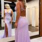 New Style V Neck Sleeveless Long Prom Dress, Sparkly Sequined Evening Dress with Slit Y1004