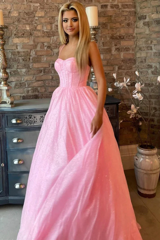 Shiny Pink Tulle Long Prom Dress, Spaghetti Straps Pink Formal Dress, Sparkly Pink Evening Dress Y209