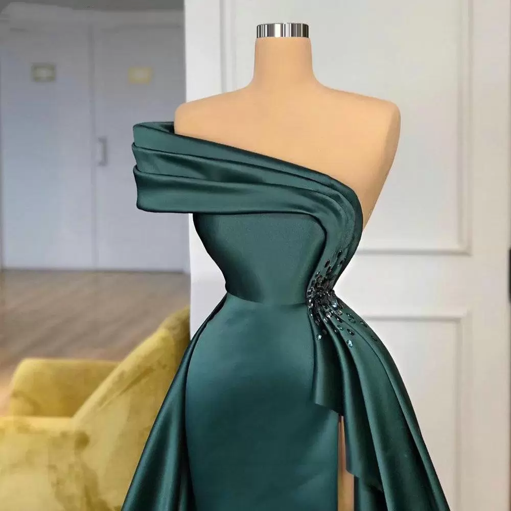New Long Satin Evening Dresses Wear Elegant Ruched Crystal Beads Split One Shoulder Evening Gowns Formal Women Prom Dresses S23314
