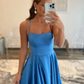 Simple Blue Spaghetti Straps Backless A-Line Prom Dresses Y468