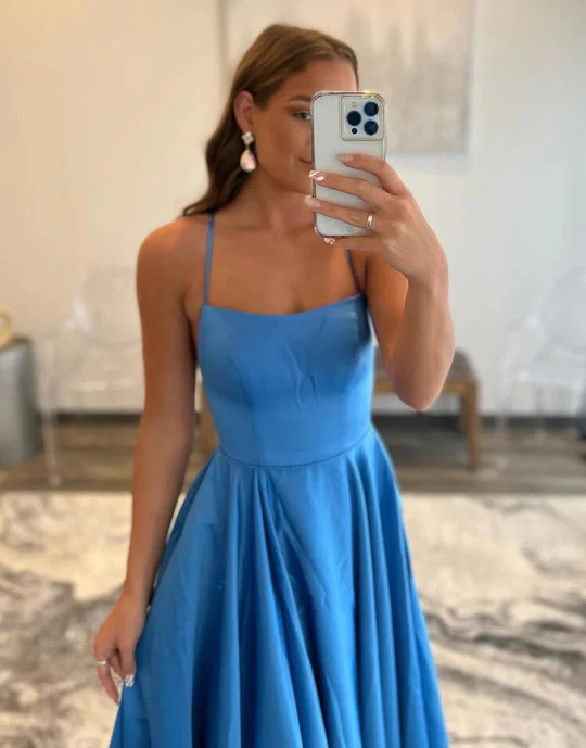 Simple Blue Spaghetti Straps Backless A-Line Prom Dresses Y468
