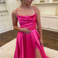 Cowl Neck Green Satin A-Line Formal Dress with Slit,Modest Prom Dress Y1884