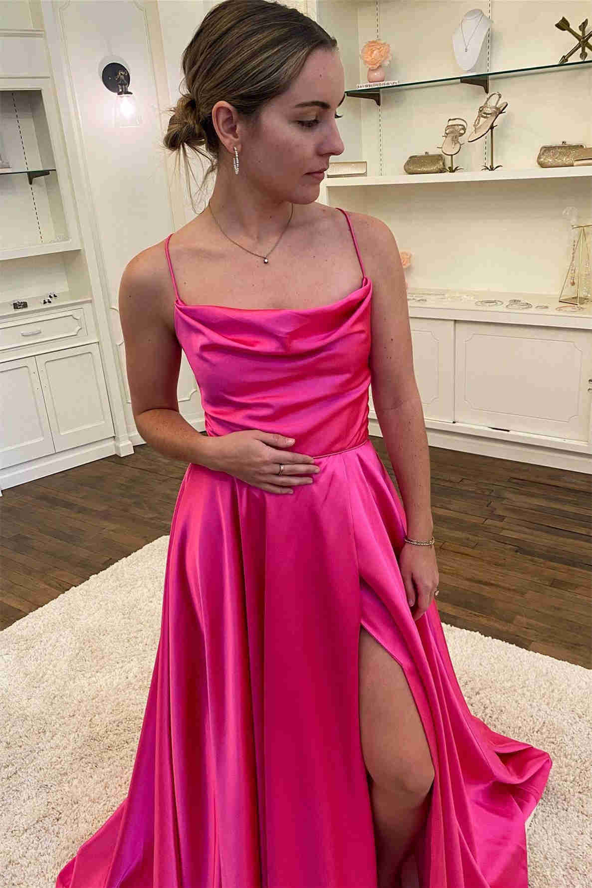 Cowl Neck Green Satin A-Line Formal Dress with Slit,Modest Prom Dress Y1884