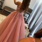 V Neck Open Back Beaded Pink Lace Long Prom Dresses, Pink Tulle Formal Dresses with Lace Appliques Y373