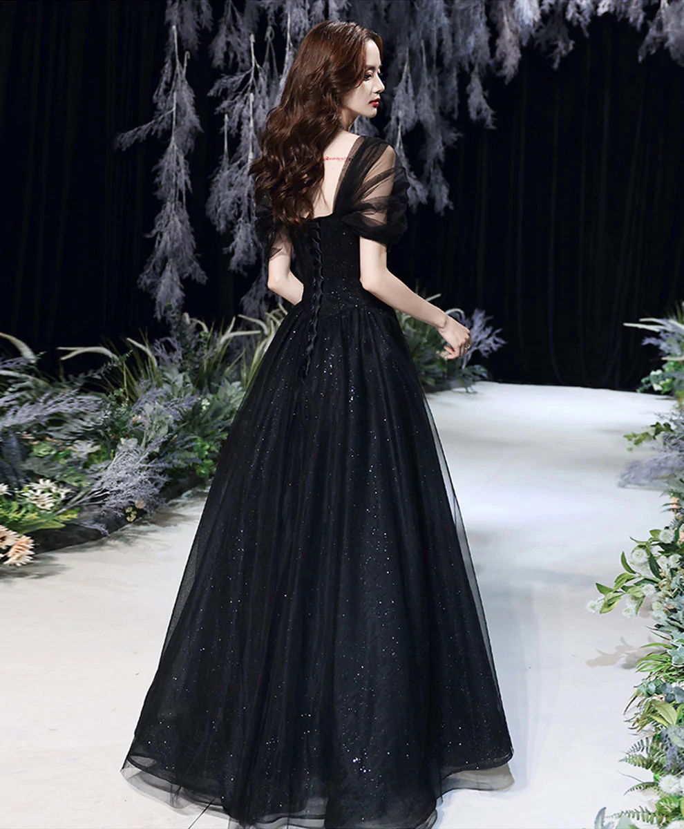 Black Tulle Off Shoulder Long Prom Dress Black Formal Graduation