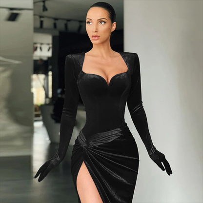 Elegant Royal Blue Velvet Evening Dress High Slit Formal Dress  Y402