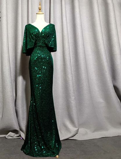 Mermaid Short Sleeves Sexy V Neck Evening Dress, Elegant Glitter Bat Sleeves Formal Party Dress Y1390