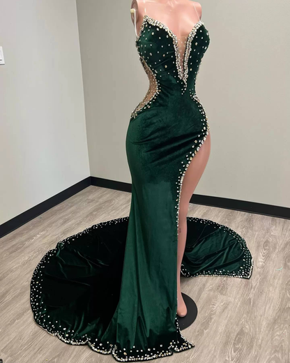 Green Velvet Sexy Strapless Prom Dresses Women Custom Split Long Evening Dress Y1422
