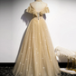 Champagne Long Prom Dress, A-line Champagne Graduation Dress with Beading Y1122