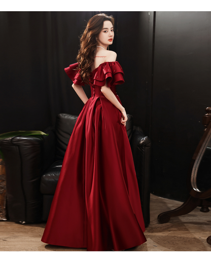 Dark Red Satin New Style Off Shoulder Long Prom Dress Y1643