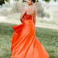 Cowl Neck Green Satin A-Line Formal Dress with Slit,Modest Prom Dress Y1884