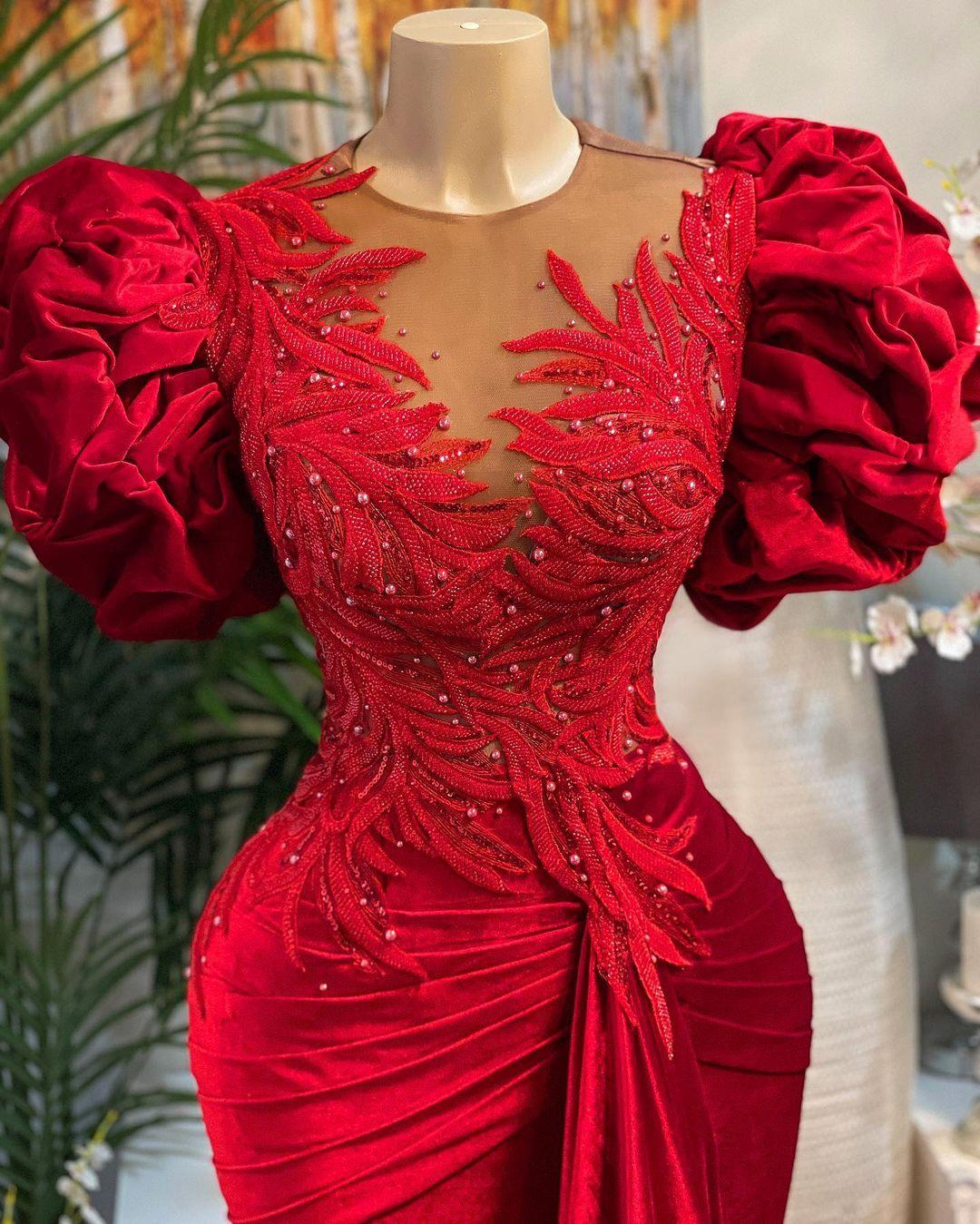 Luxury Red Mermaid Prom Dresses Lace Beaded Sheer Neck Evening Dress Formal Party Wear Y02