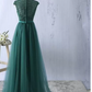 Green tulle lace top round neck long evening dresses ,simple formal dress S6796