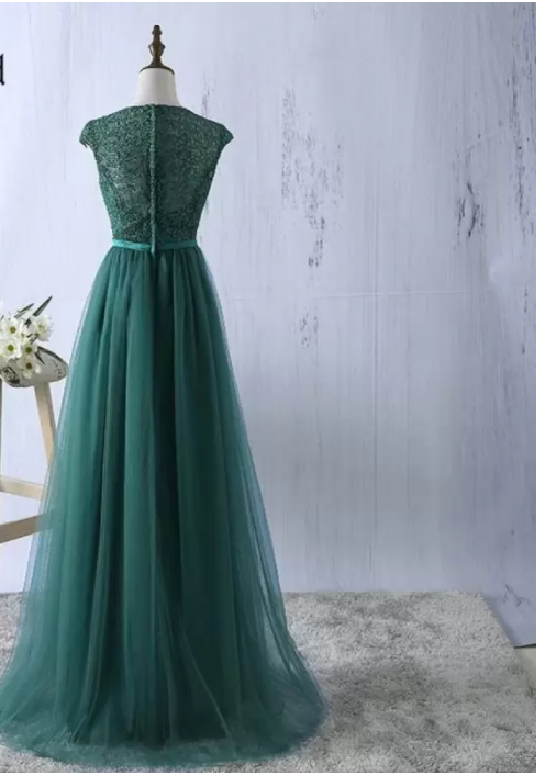 Green tulle lace top round neck long evening dresses ,simple formal dress S6796