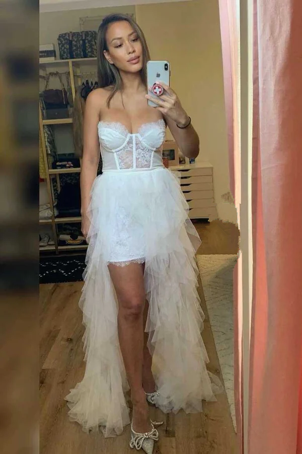 White High Low Sweetheart Tulle Prom Dress With Lace, Unique Formal Gown Y1110
