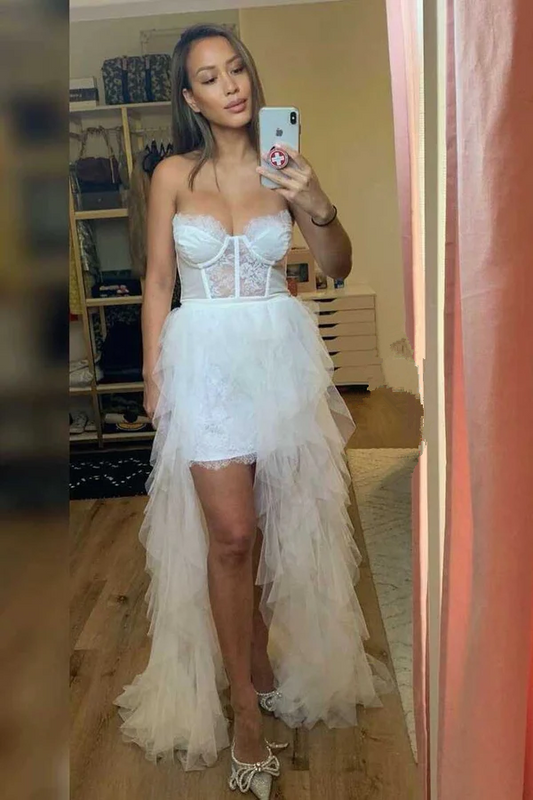 White High Low Sweetheart Tulle Prom Dress With Lace, Unique Formal Gown Y1110